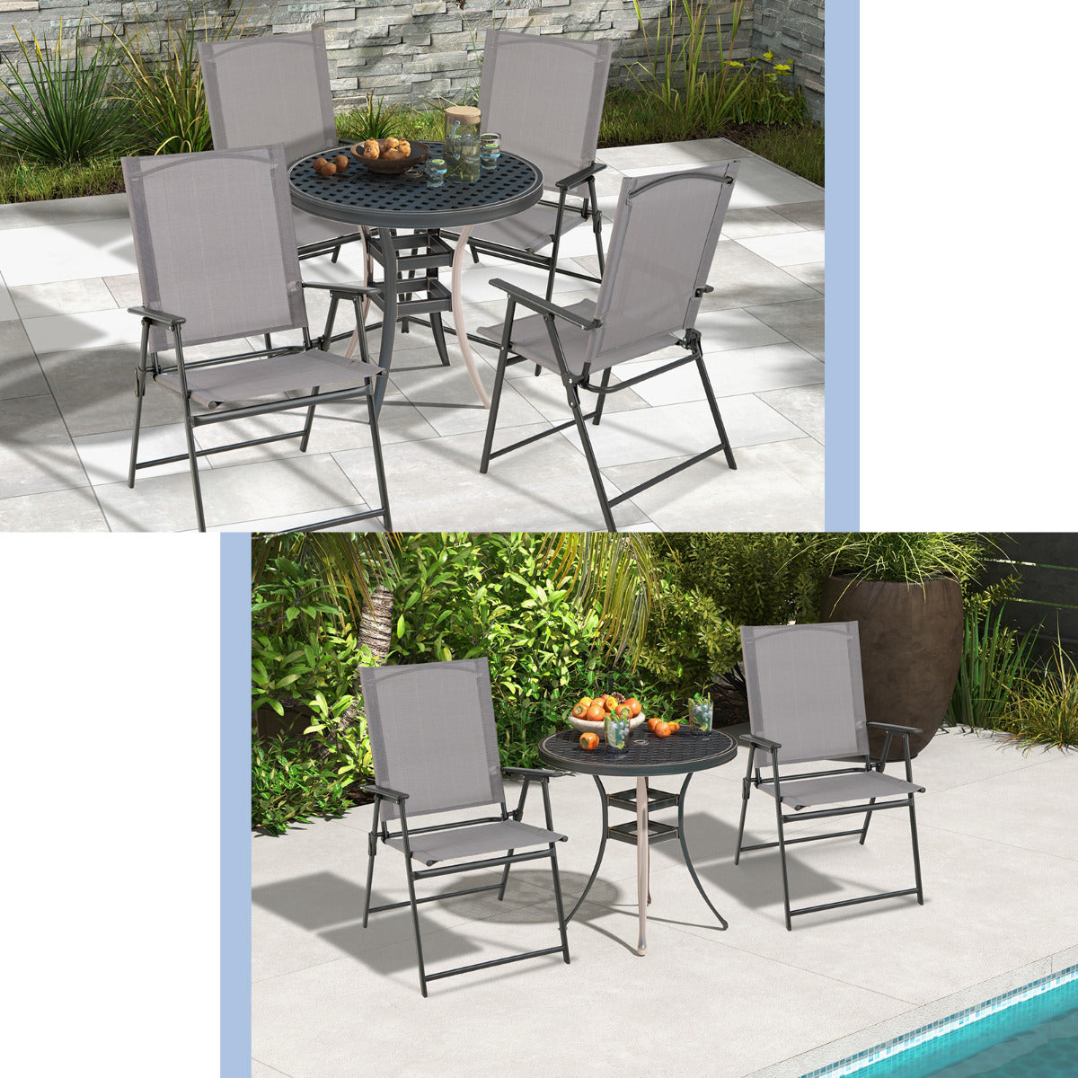 2 Sillas Plegables de Patio Sillas de Comedor de Respaldo Alto Tela Resistente Sillas Metálicas Portátiles para Exterior Jardín Piscina Gris