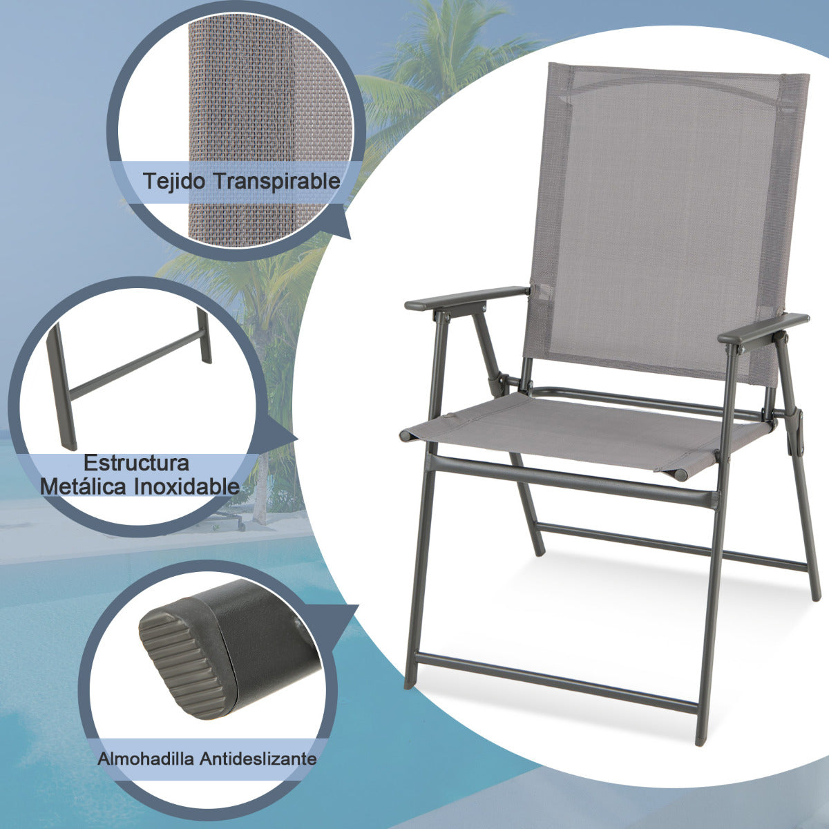 2 Sillas Plegables de Patio Sillas de Comedor de Respaldo Alto Tela Resistente Sillas Metálicas Portátiles para Exterior Jardín Piscina Gris