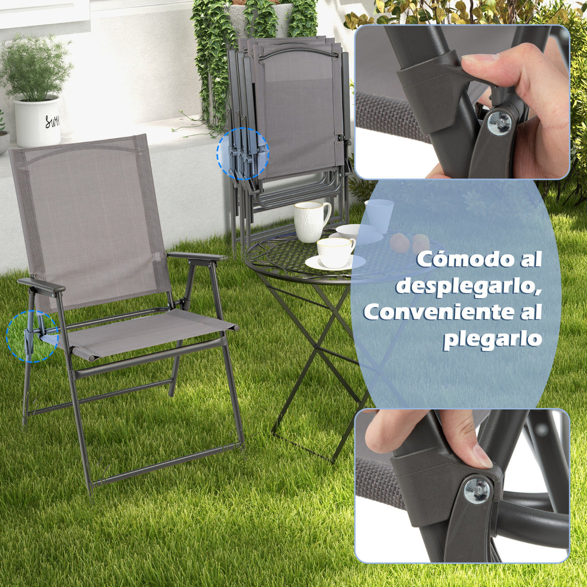 2 Sillas Plegables de Patio Sillas de Comedor de Respaldo Alto Tela Resistente Sillas Metálicas Portátiles para Exterior Jardín Piscina Gris