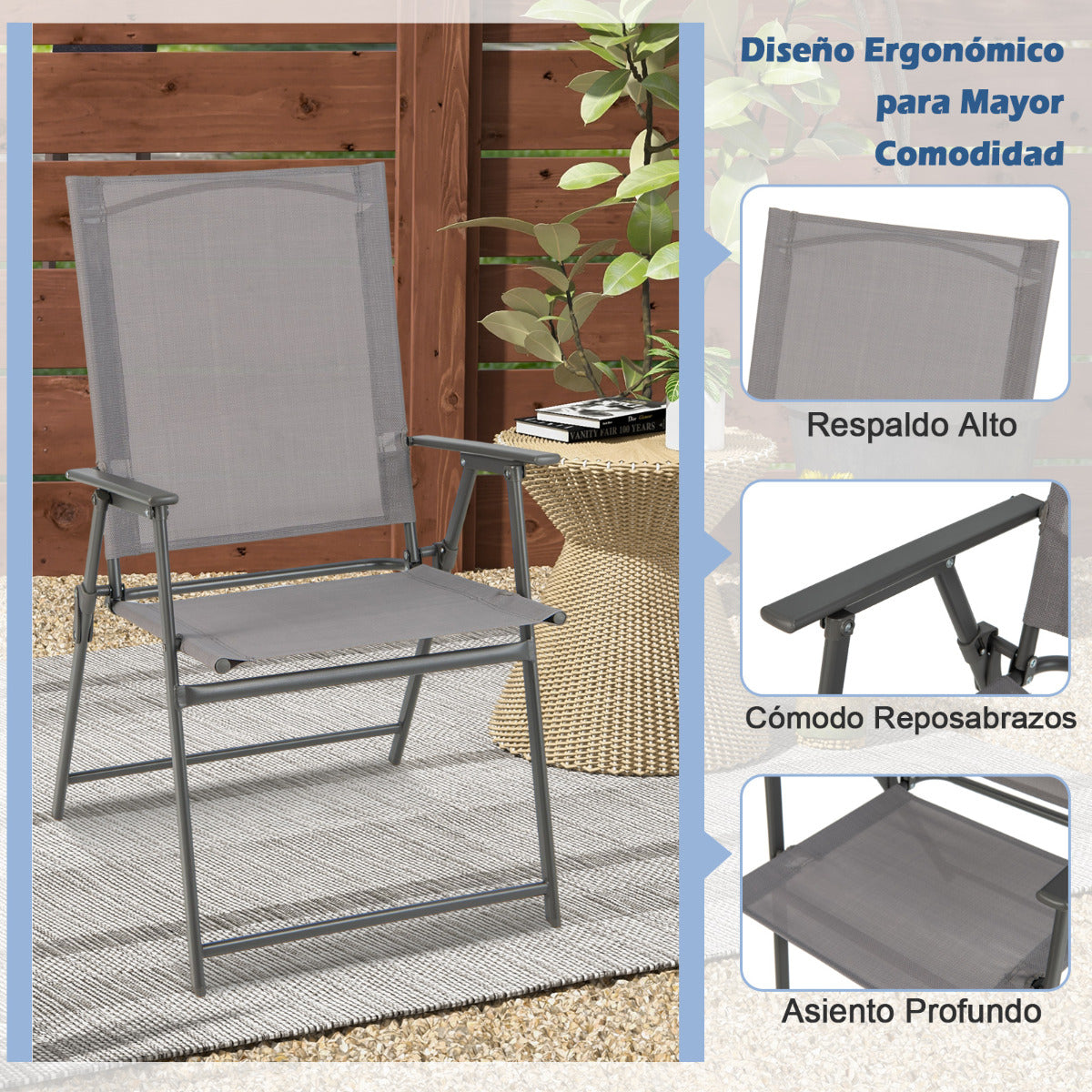 2 Sillas Plegables de Patio Sillas de Comedor de Respaldo Alto Tela Resistente Sillas Metálicas Portátiles para Exterior Jardín Piscina Gris