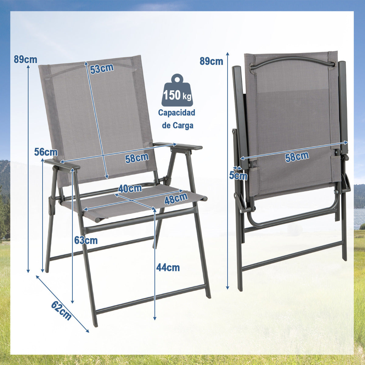 2 Sillas Plegables de Patio Sillas de Comedor de Respaldo Alto Tela Resistente Sillas Metálicas Portátiles para Exterior Jardín Piscina Gris