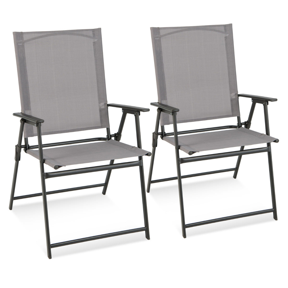 2 Sillas Plegables de Patio Sillas de Comedor de Respaldo Alto Tela Resistente Sillas Metálicas Portátiles para Exterior Jardín Piscina Gris