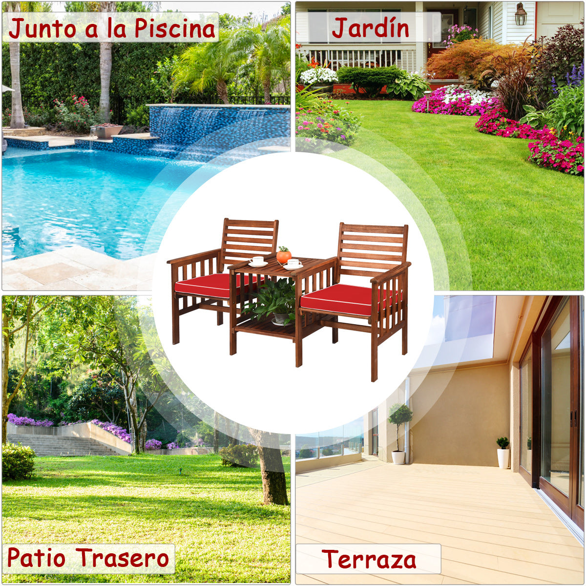 Juego de 3 Piezas de Sillas y Mesa de 2 Plazas Madera Acacia de Exterior con Cojines para Patio Jardín Rojo
