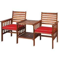 Juego de 3 Piezas de Sillas y Mesa de 2 Plazas Madera Acacia de Exterior con Cojines para Patio Jardín Rojo