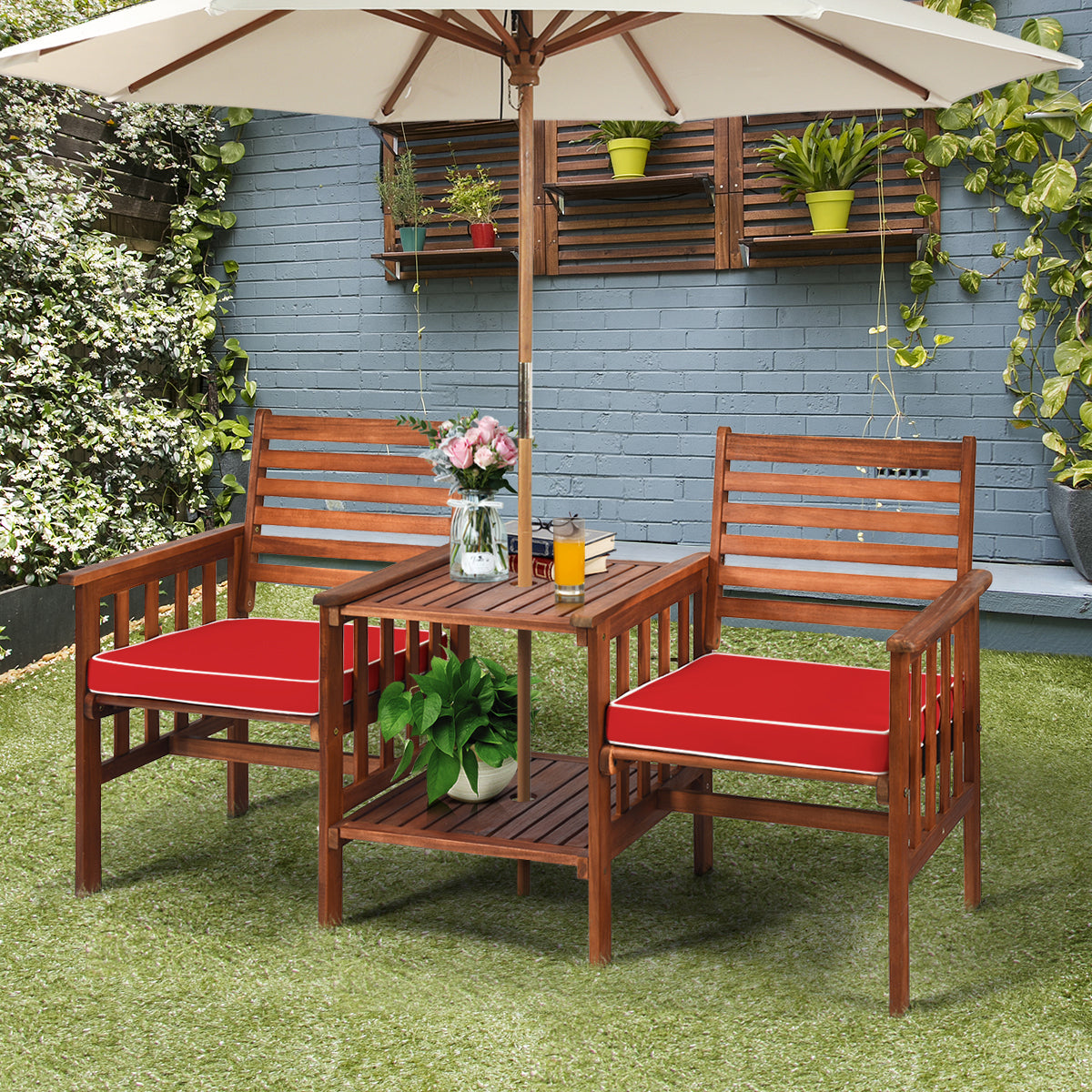 Juego de 3 Piezas de Sillas y Mesa de 2 Plazas Madera Acacia de Exterior con Cojines para Patio Jardín Rojo