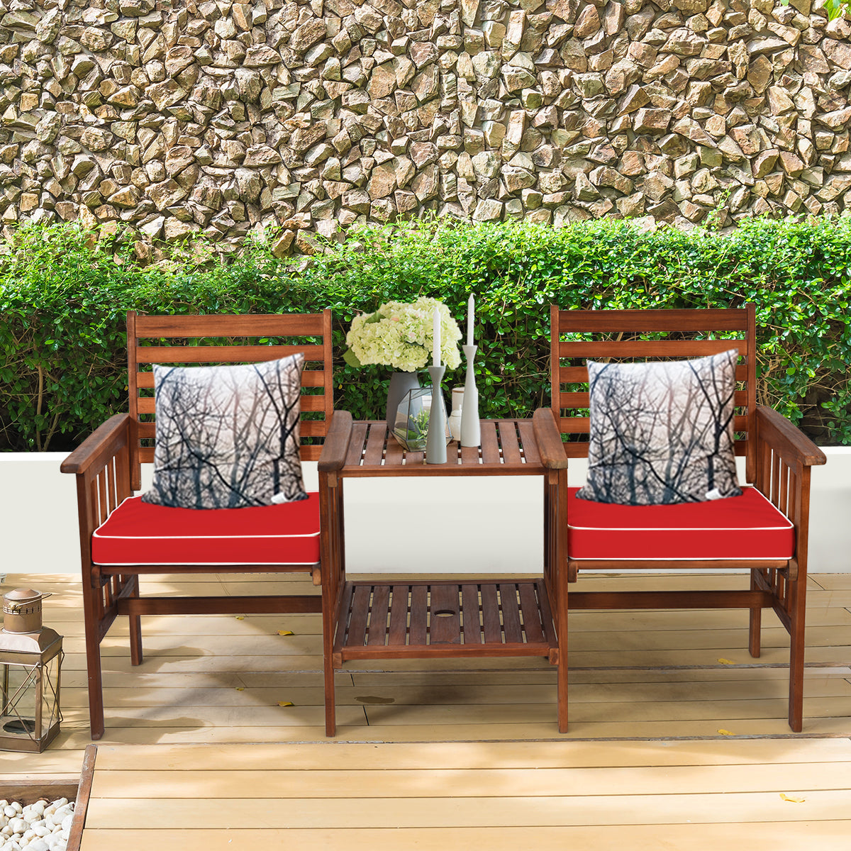 Juego de 3 Piezas de Sillas y Mesa de 2 Plazas Madera Acacia de Exterior con Cojines para Patio Jardín Rojo