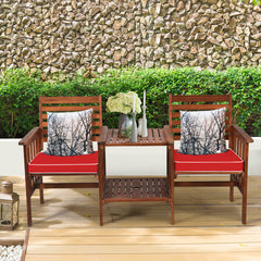 Juego de 3 Piezas de Sillas y Mesa de 2 Plazas Madera Acacia de Exterior con Cojines para Patio Jardín Rojo