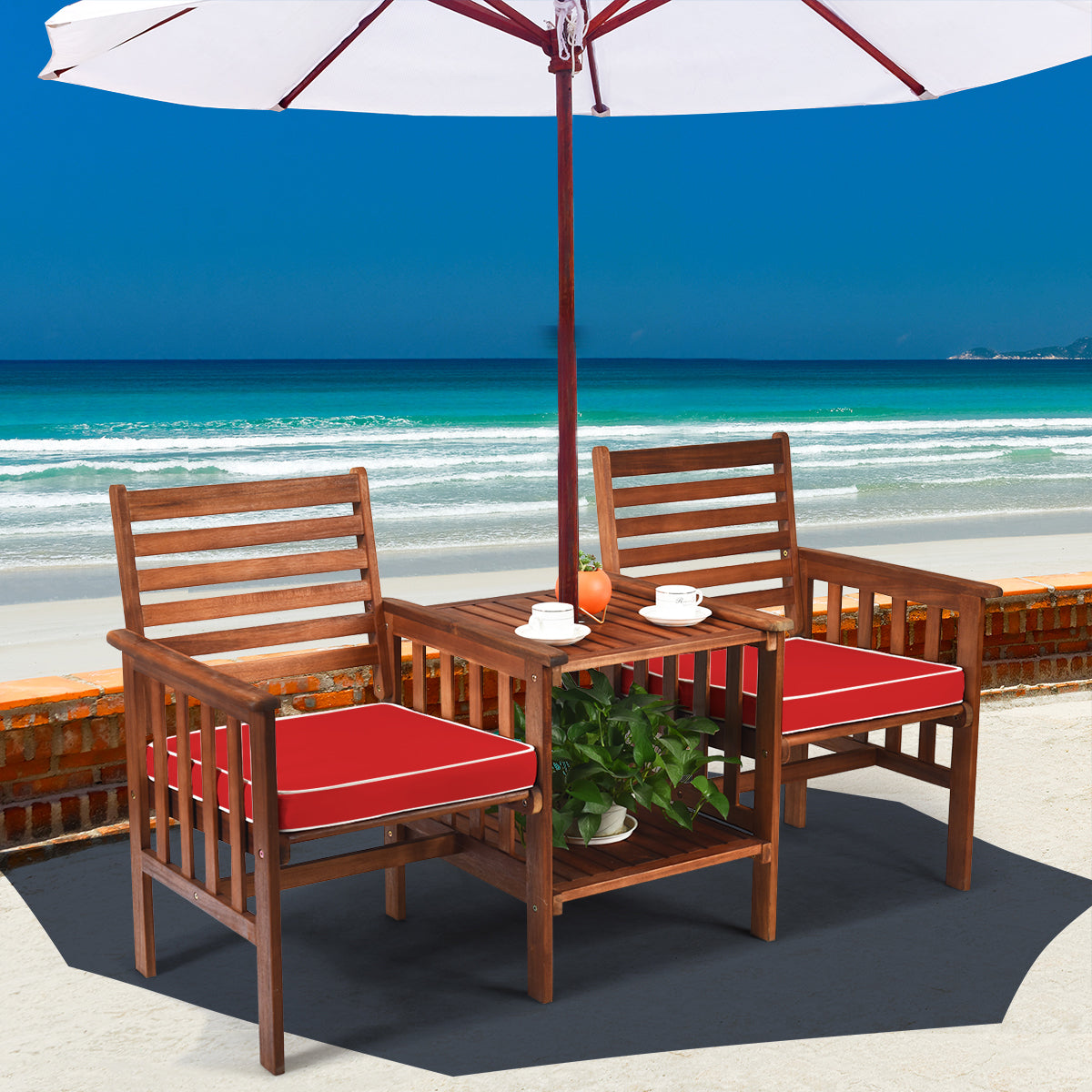 Juego de 3 Piezas de Sillas y Mesa de 2 Plazas Madera Acacia de Exterior con Cojines para Patio Jardín Rojo