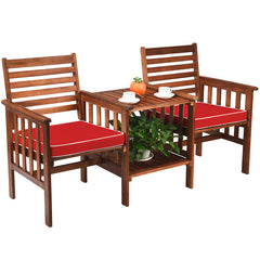 Juego de 3 Piezas de Sillas y Mesa de 2 Plazas Madera Acacia de Exterior con Cojines para Patio Jardín Rojo