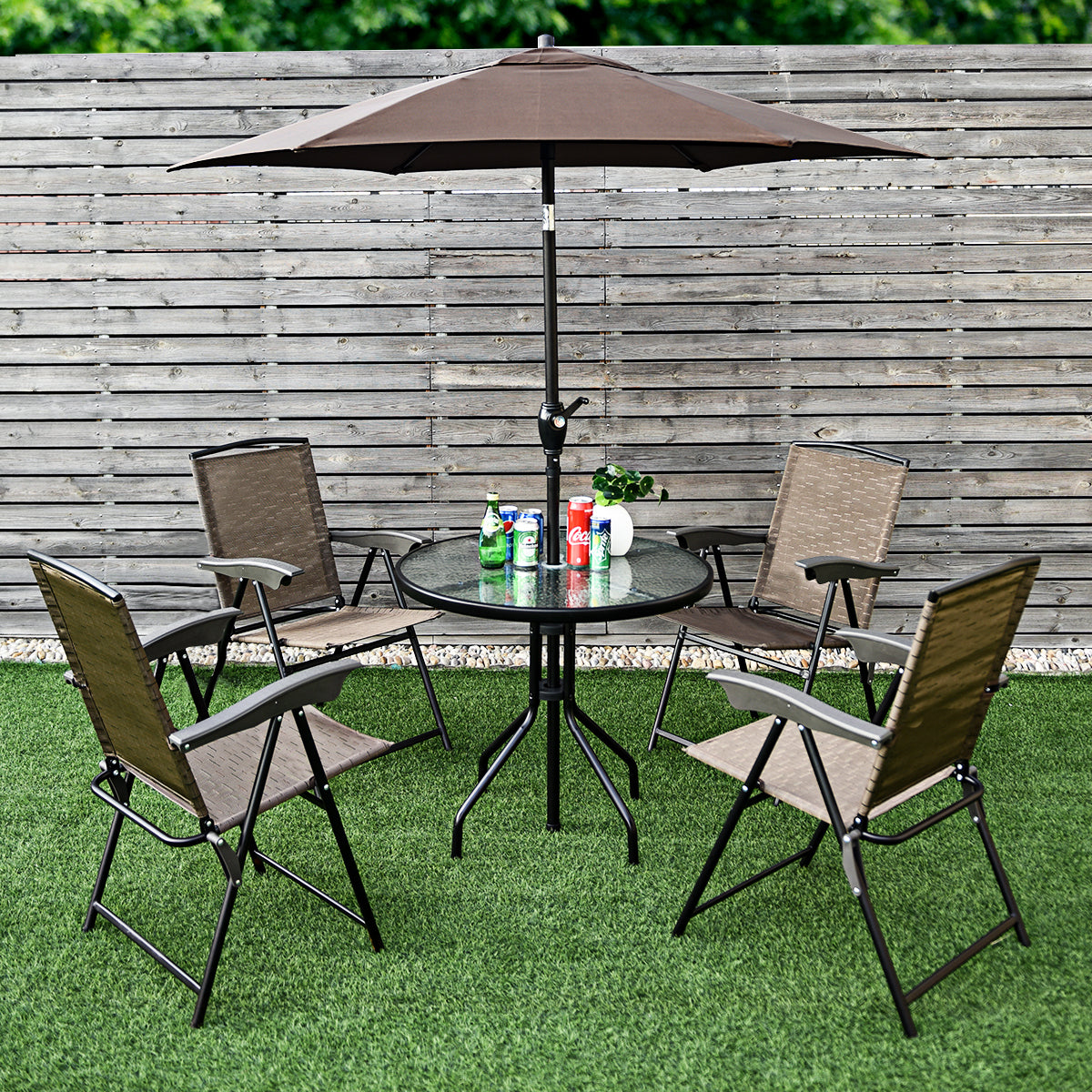Set de 4 Sillas Plegables para Patio Sillas con Respaldo de Tiras Altura Regulable Portátiles para Exterior Jardín Piscina Playa Marrón