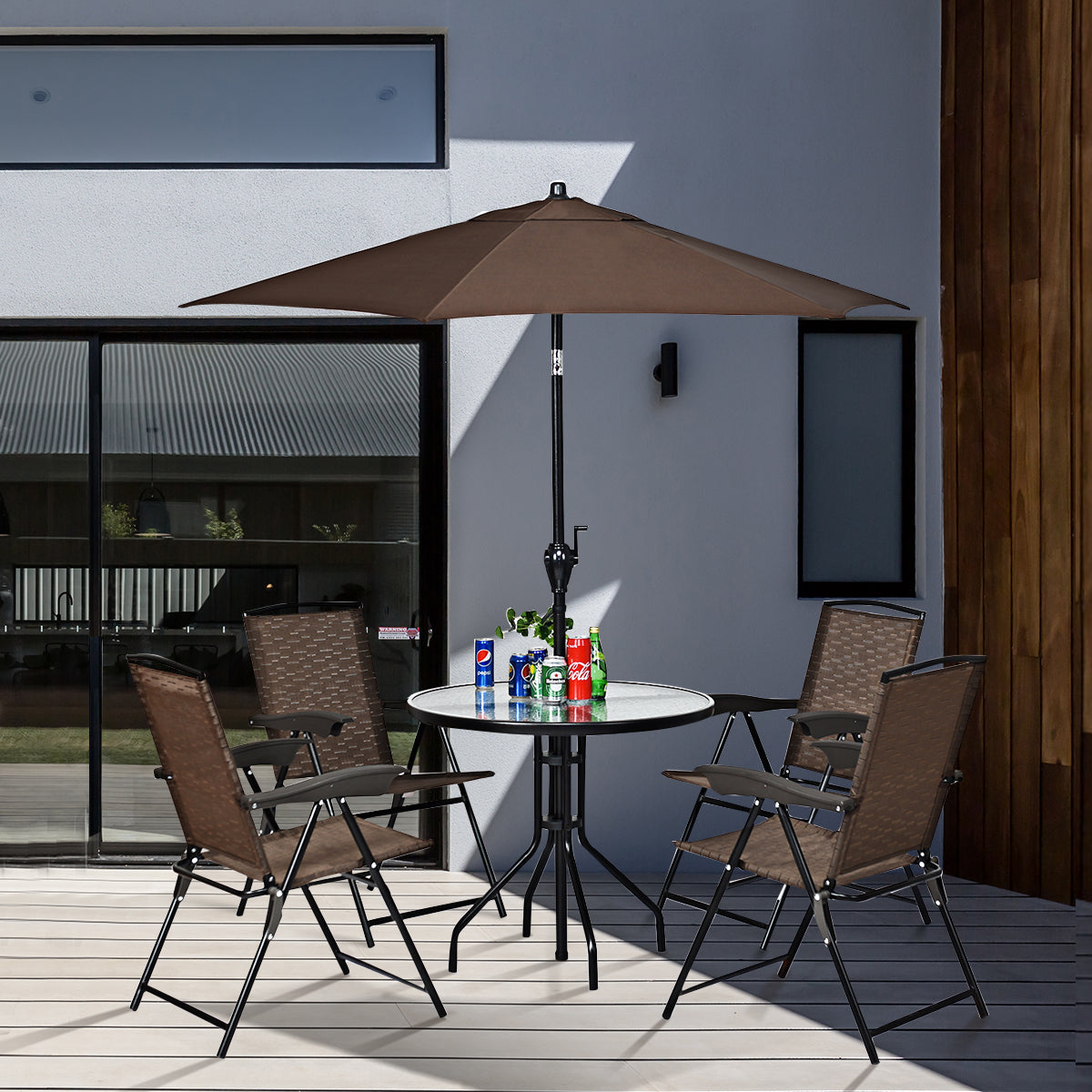 Set de 4 Sillas Plegables para Patio Sillas con Respaldo de Tiras Altura Regulable Portátiles para Exterior Jardín Piscina Playa Marrón