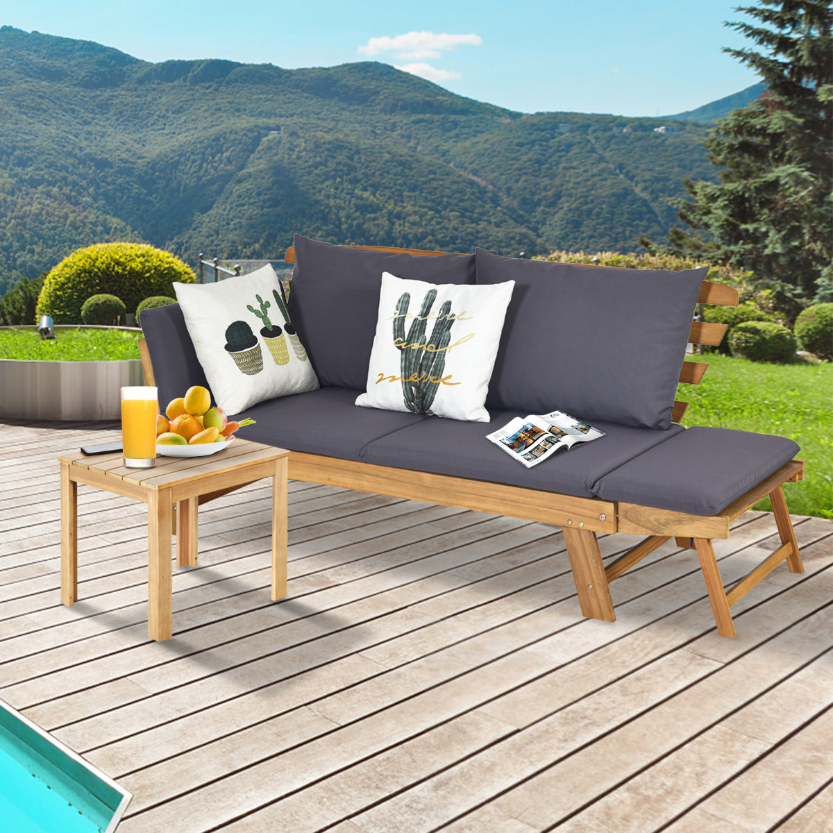 Sofá Cama Convertible de Patio Madera Acacia con Apoyabrazos Ajustable Cojines Almohadas 2 Plazas para Exterior 198 x 75 x 75 cm Gris