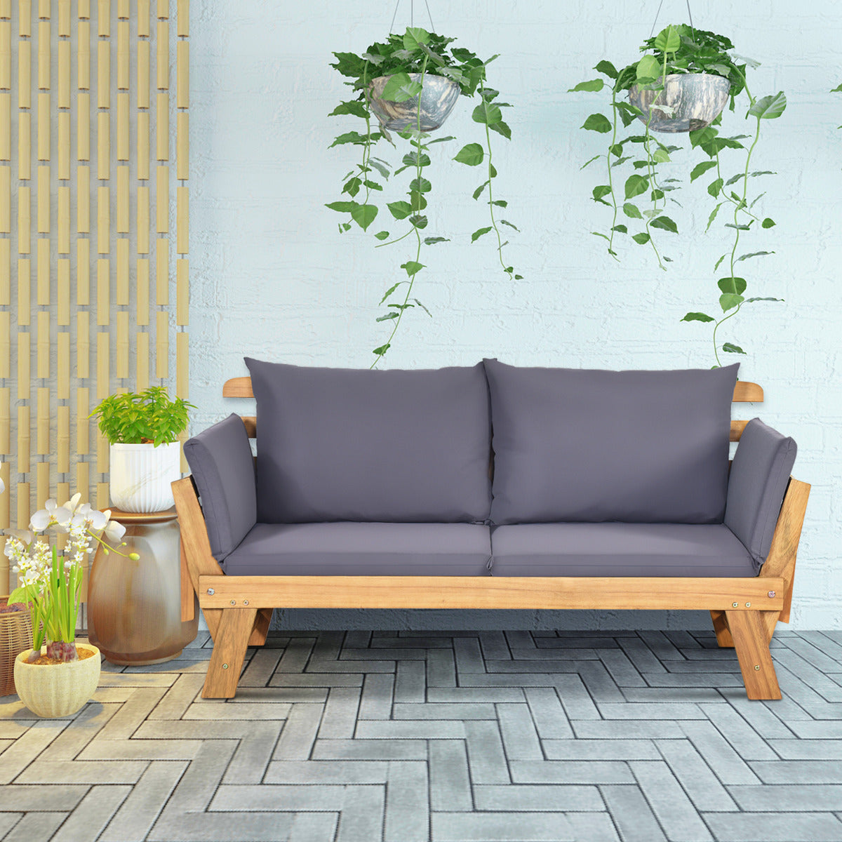 Sofá Cama Convertible de Patio Madera Acacia con Apoyabrazos Ajustable Cojines Almohadas 2 Plazas para Exterior 198 x 75 x 75 cm Gris