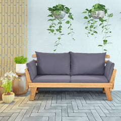 Sofá Cama Convertible de Patio Madera Acacia con Apoyabrazos Ajustable Cojines Almohadas 2 Plazas para Exterior 198 x 75 x 75 cm Gris