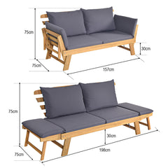 Sofá Cama Convertible de Patio Madera Acacia con Apoyabrazos Ajustable Cojines Almohadas 2 Plazas para Exterior 198 x 75 x 75 cm Gris