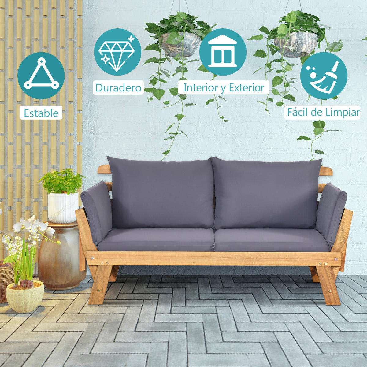 Sofá Cama Convertible de Patio Madera Acacia con Apoyabrazos Ajustable Cojines Almohadas 2 Plazas para Exterior 198 x 75 x 75 cm Gris