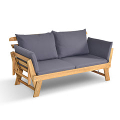 Sofá Cama Convertible de Patio Madera Acacia con Apoyabrazos Ajustable Cojines Almohadas 2 Plazas para Exterior 198 x 75 x 75 cm Gris