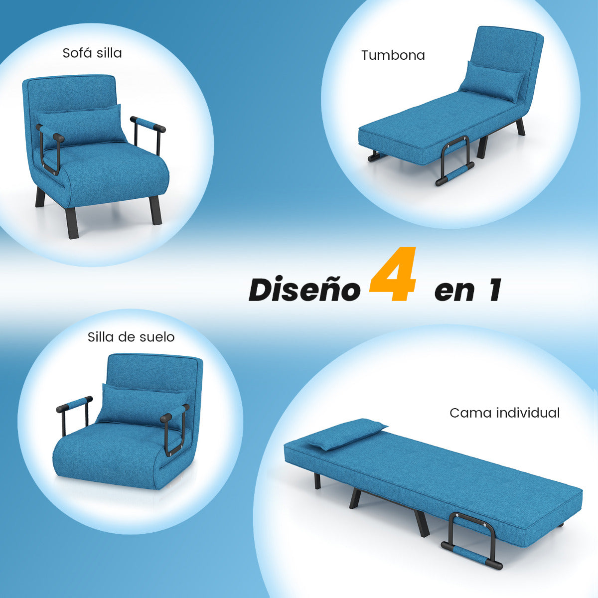 Sofá Cama Convertible Plegable Silla de Dormir Individual Respaldo Ajustable Cojín Desmontable Almohada Tapizado de Hogar Oficina Azul