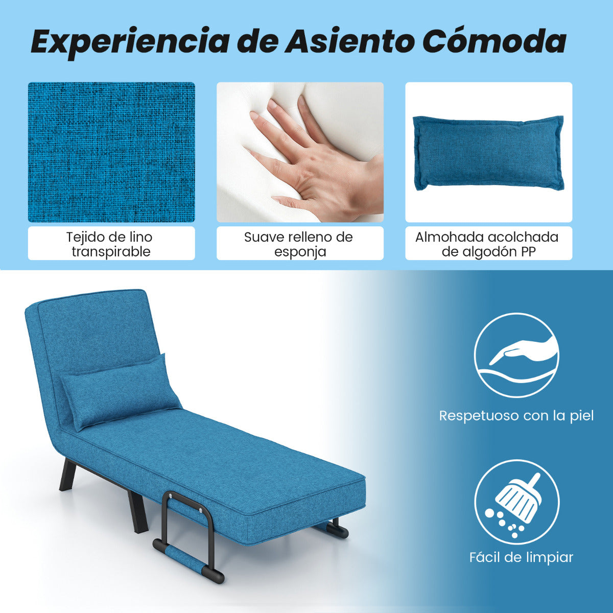 Sofá Cama Convertible Plegable Silla de Dormir Individual Respaldo Ajustable Cojín Desmontable Almohada Tapizado de Hogar Oficina Azul