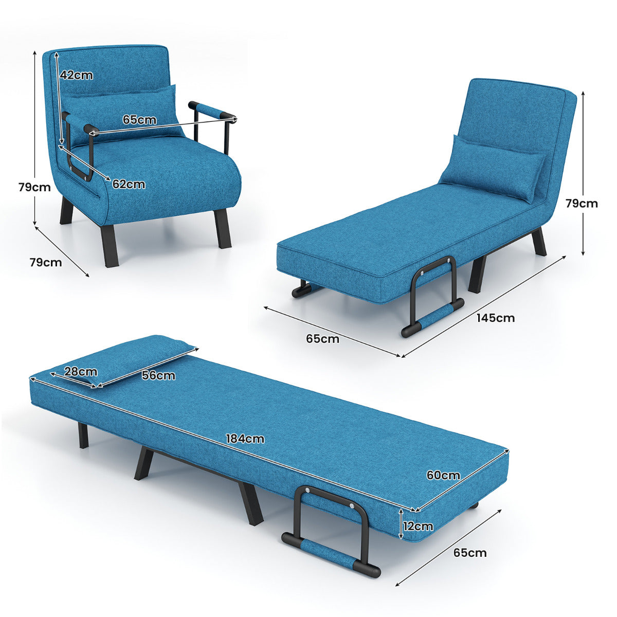 Sofá Cama Convertible Plegable Silla de Dormir Individual Respaldo Ajustable Cojín Desmontable Almohada Tapizado de Hogar Oficina Azul