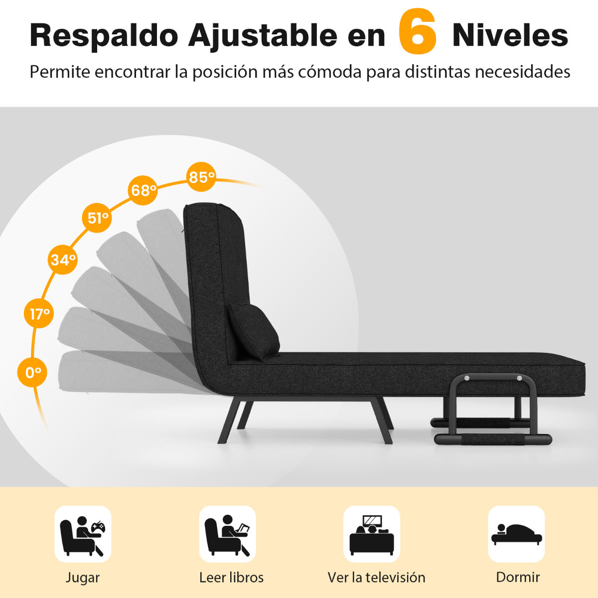 Sofá Cama Convertible Plegable Silla de Dormir Individual Respaldo Ajustable Cojín Desmontable Almohada Tapizado de Hogar Oficina Negro