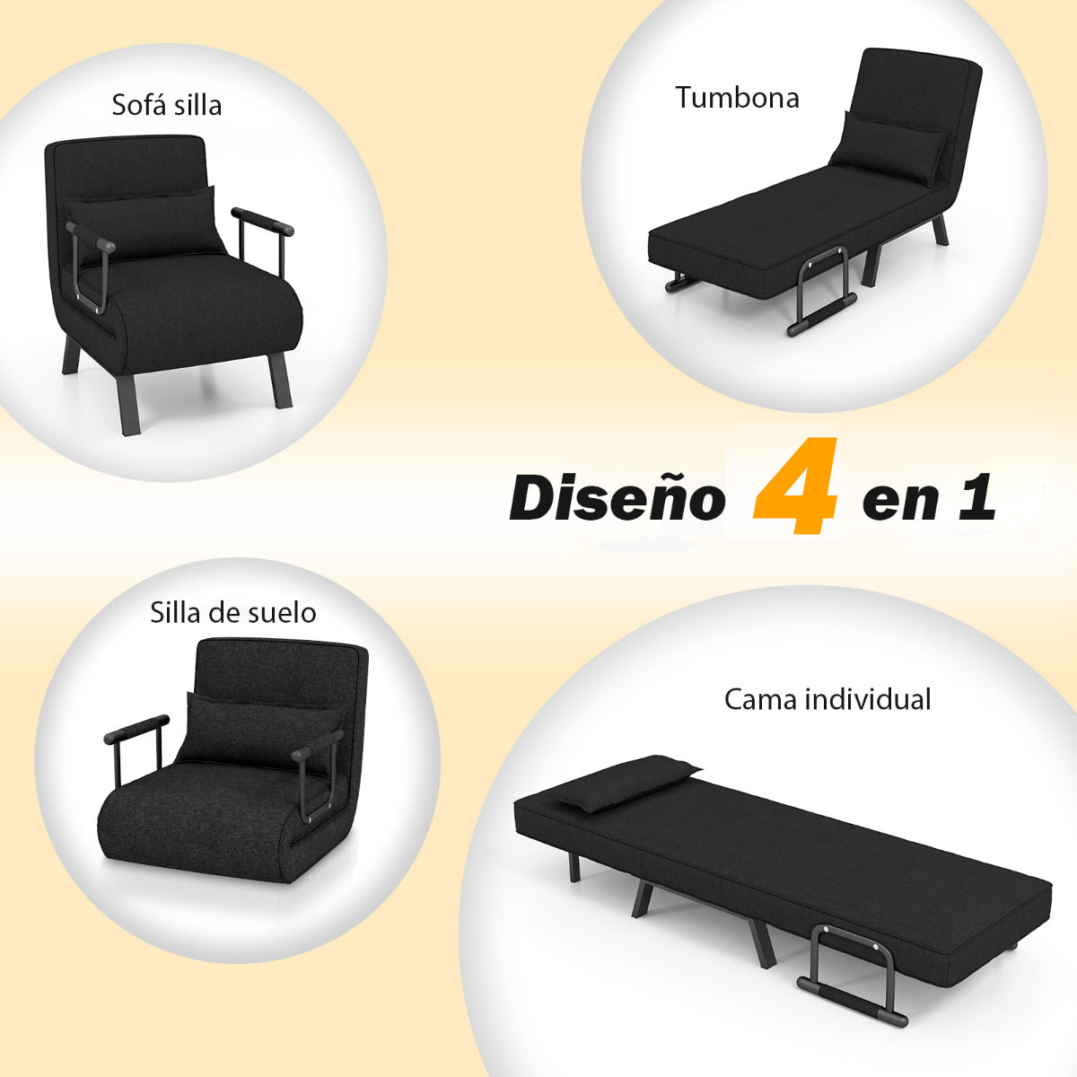 Sofá Cama Convertible Plegable Silla de Dormir Individual Respaldo Ajustable Cojín Desmontable Almohada Tapizado de Hogar Oficina Negro
