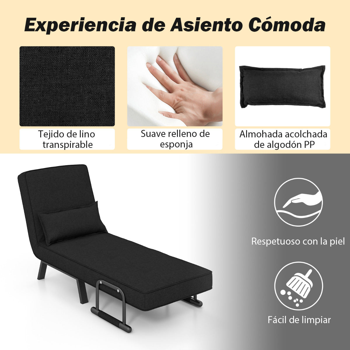 Sofá Cama Convertible Plegable Silla de Dormir Individual Respaldo Ajustable Cojín Desmontable Almohada Tapizado de Hogar Oficina Negro