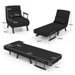 Sofá Cama Convertible Plegable Silla de Dormir Individual Respaldo Ajustable Cojín Desmontable Almohada Tapizado de Hogar Oficina Negro