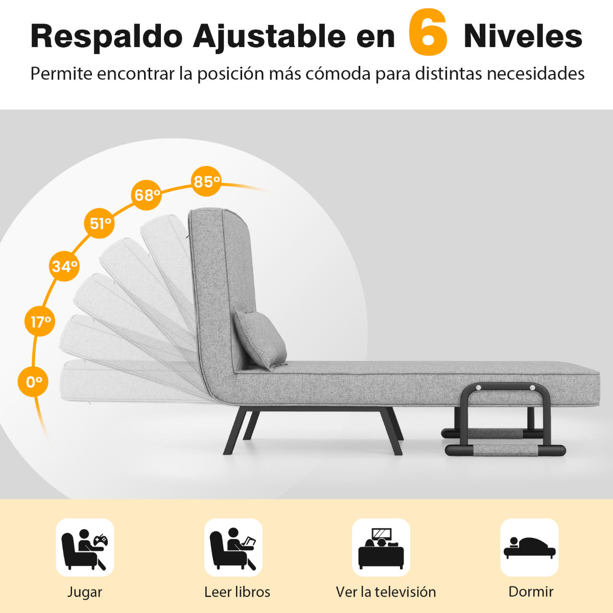 Sofá Cama Convertible Plegable Silla de Dormir Individual Respaldo Ajustable Cojín Desmontable Almohada Tapizado de Hogar Oficina Gris Claro
