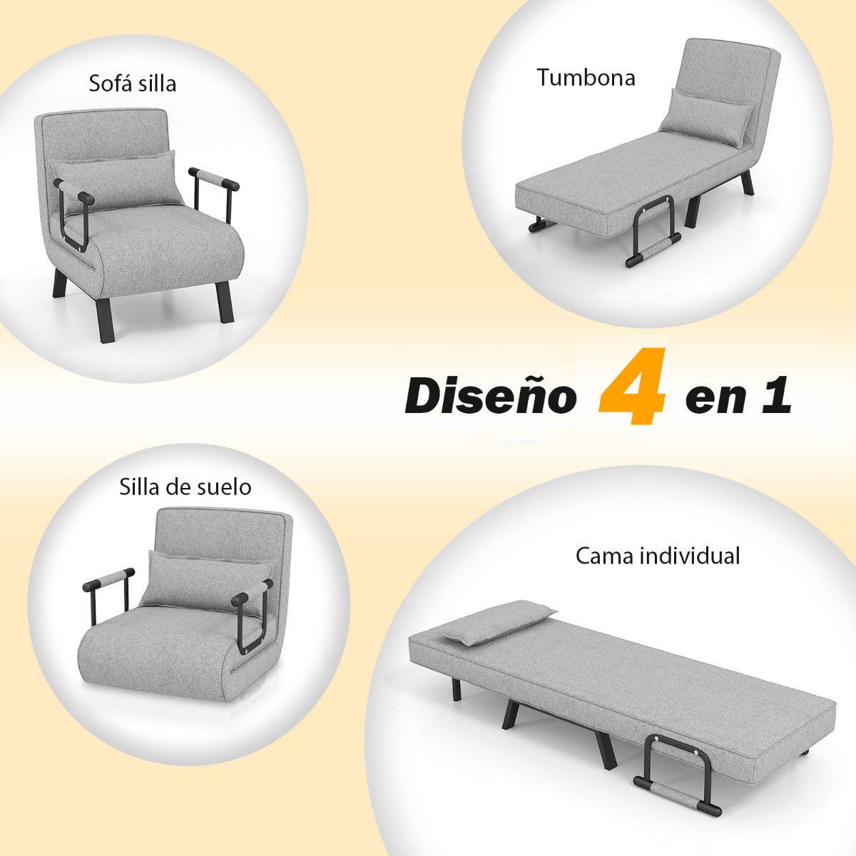 Sofá Cama Convertible Plegable Silla de Dormir Individual Respaldo Ajustable Cojín Desmontable Almohada Tapizado de Hogar Oficina Gris Claro