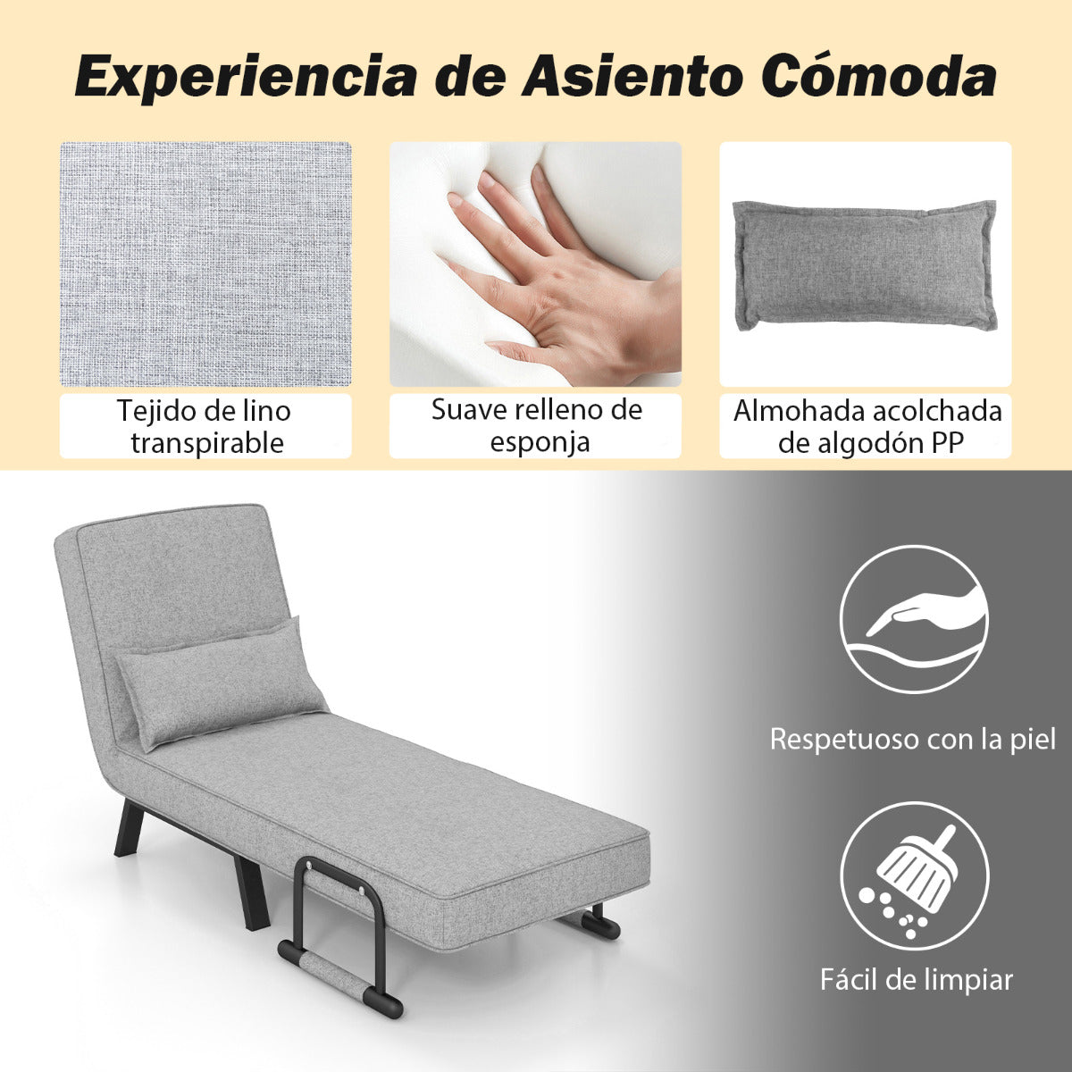 Sofá Cama Convertible Plegable Silla de Dormir Individual Respaldo Ajustable Cojín Desmontable Almohada Tapizado de Hogar Oficina Gris Claro