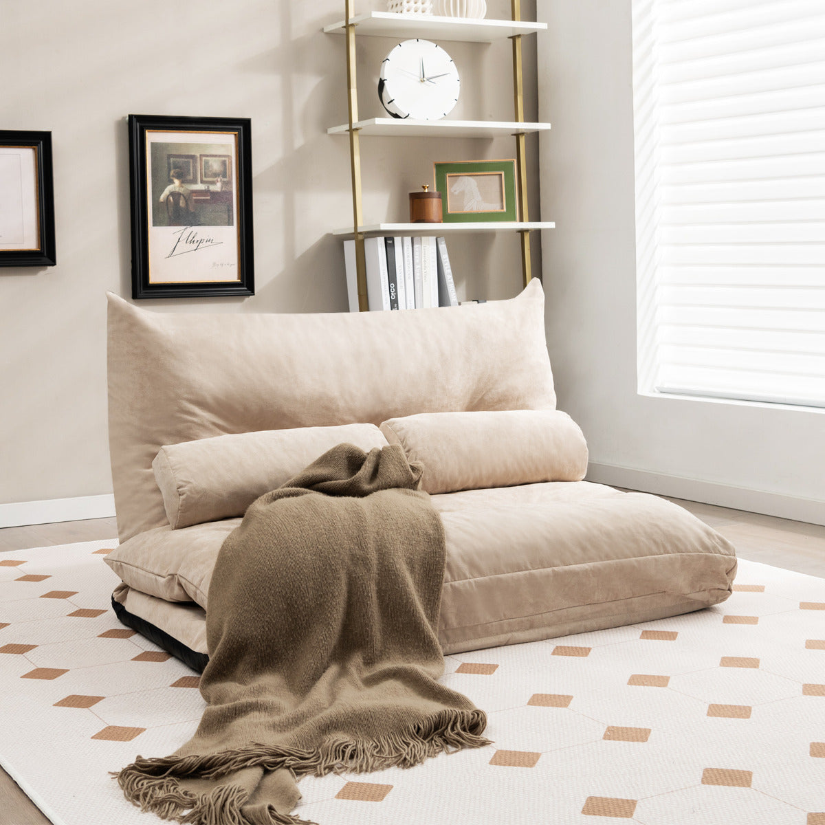 Sofá Cama de Suelo Plegable 3 en 1 con Respaldo Ajustable Sofá Cama Convertible con 2 Almohadas Sofá de Suelo para Salón Dormitorio Beige