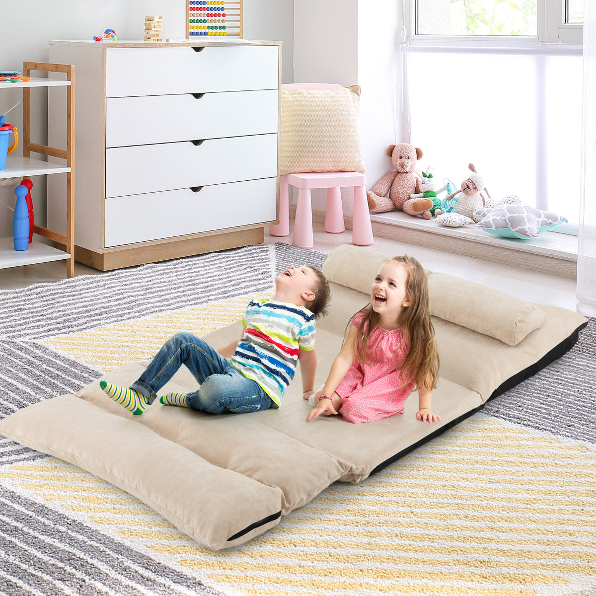 Sofá Cama de Suelo Plegable 3 en 1 con Respaldo Ajustable Sofá Cama Convertible con 2 Almohadas Sofá de Suelo para Salón Dormitorio Beige