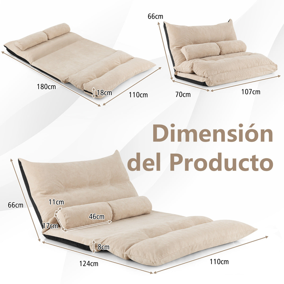 Sofá Cama de Suelo Plegable 3 en 1 con Respaldo Ajustable Sofá Cama Convertible con 2 Almohadas Sofá de Suelo para Salón Dormitorio Beige