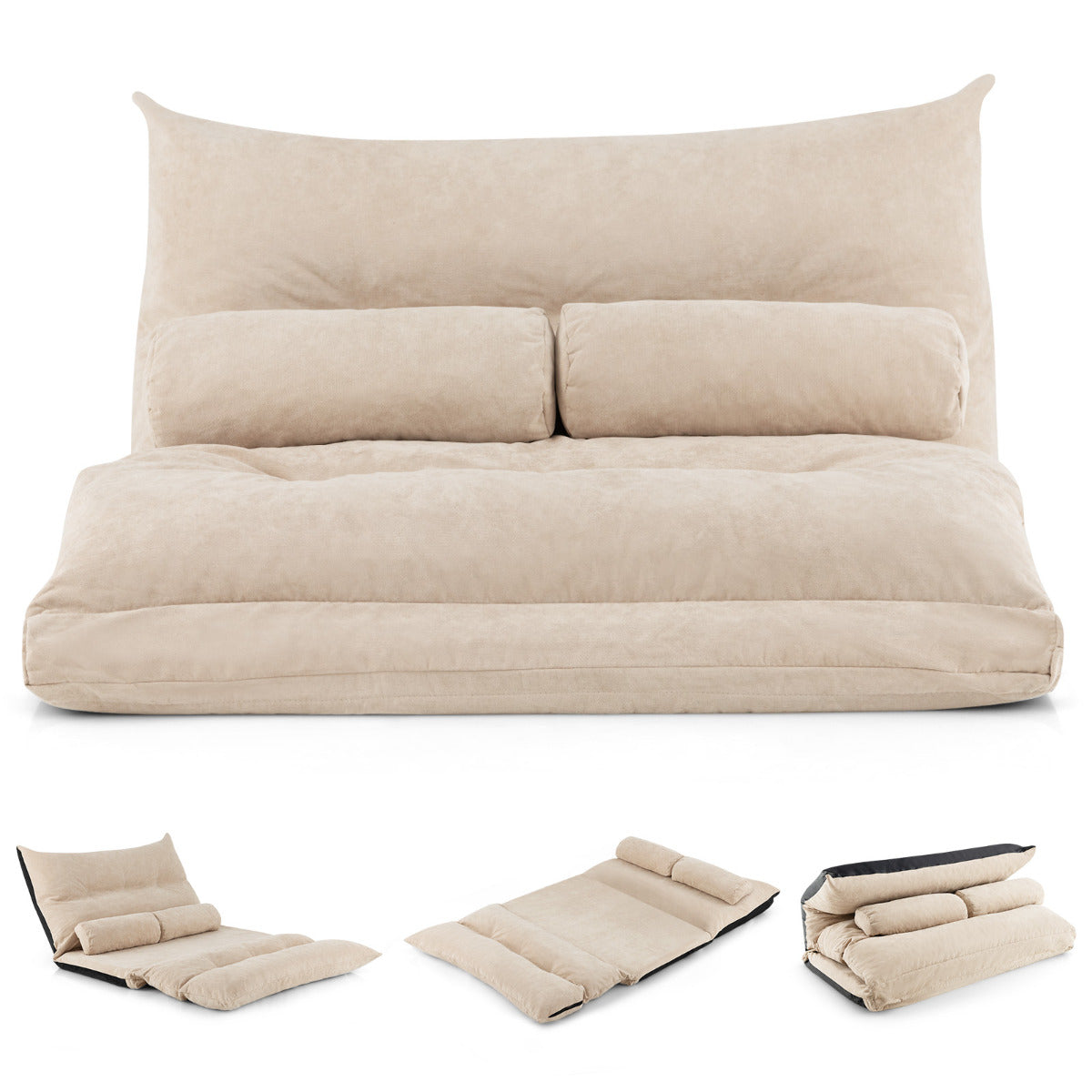 Sofá Cama de Suelo Plegable 3 en 1 con Respaldo Ajustable Sofá Cama Convertible con 2 Almohadas Sofá de Suelo para Salón Dormitorio Beige