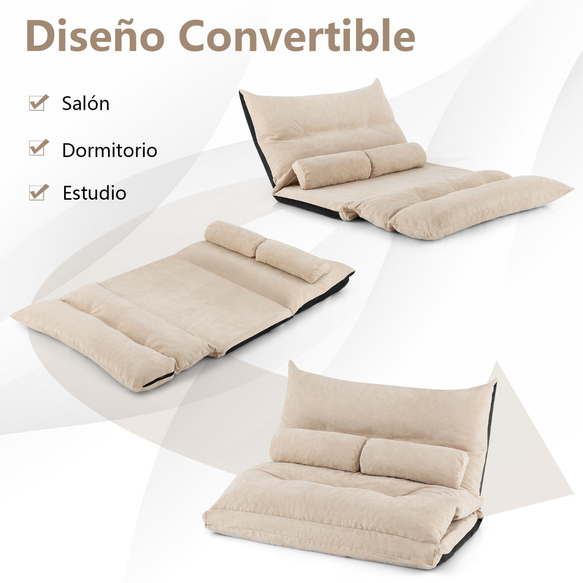 Sofá Cama de Suelo Plegable 3 en 1 con Respaldo Ajustable Sofá Cama Convertible con 2 Almohadas Sofá de Suelo para Salón Dormitorio Beige
