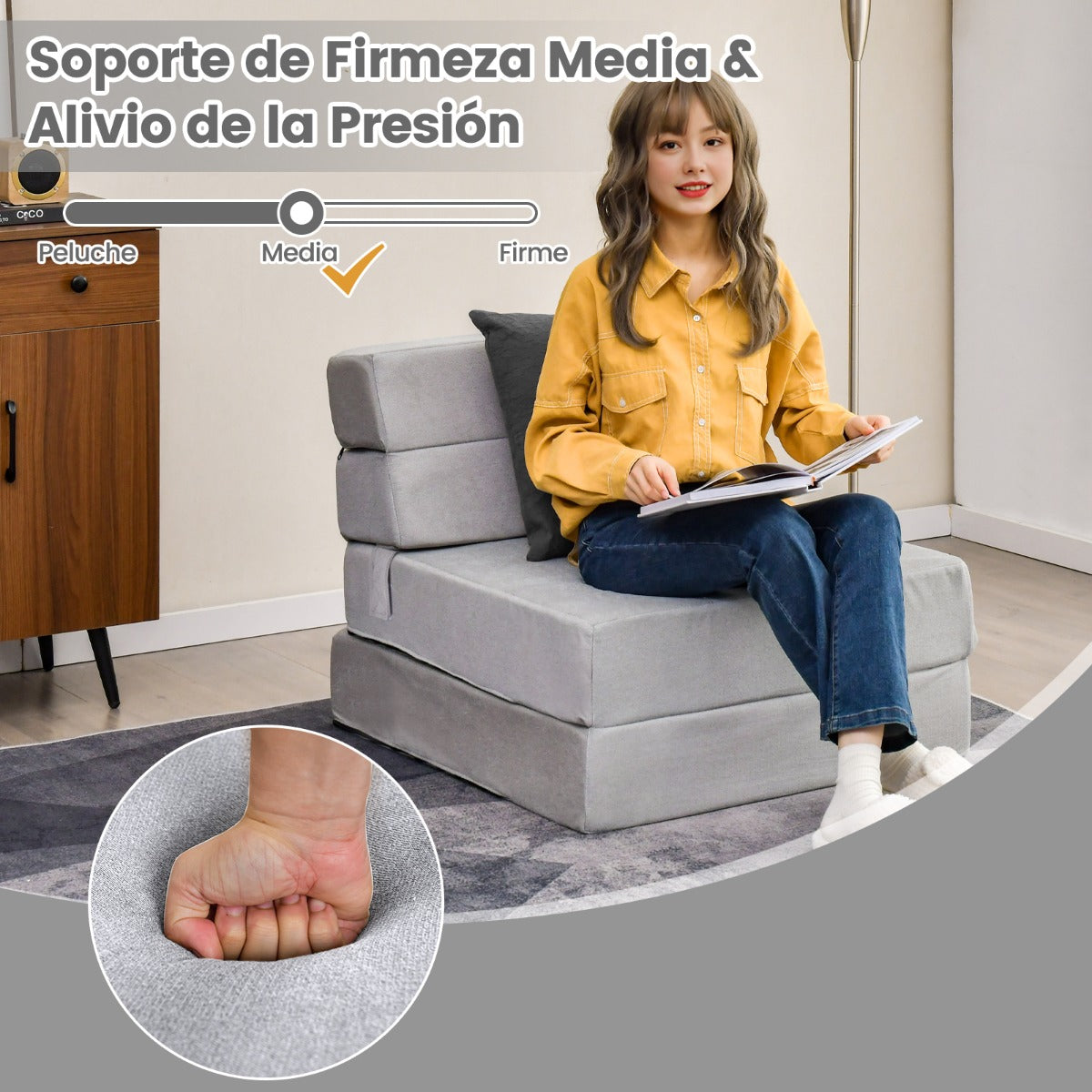 Sofá Cama Plegable 3 en 1 Colchón de Espuma de Densidad Funda Extraíble y Lavable Cama de Invitados Portátil 190 x 71 x 15 cm Gris