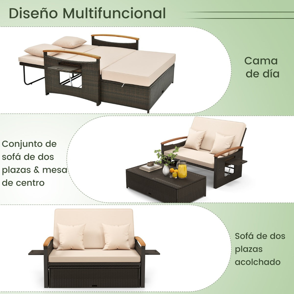 Sofá Cama de Exterior de Ratán con Reposapiés de Almacenamiento Respaldo Ajustable de 4 Niveles y Bandejas Laterales Retráctiles Beige