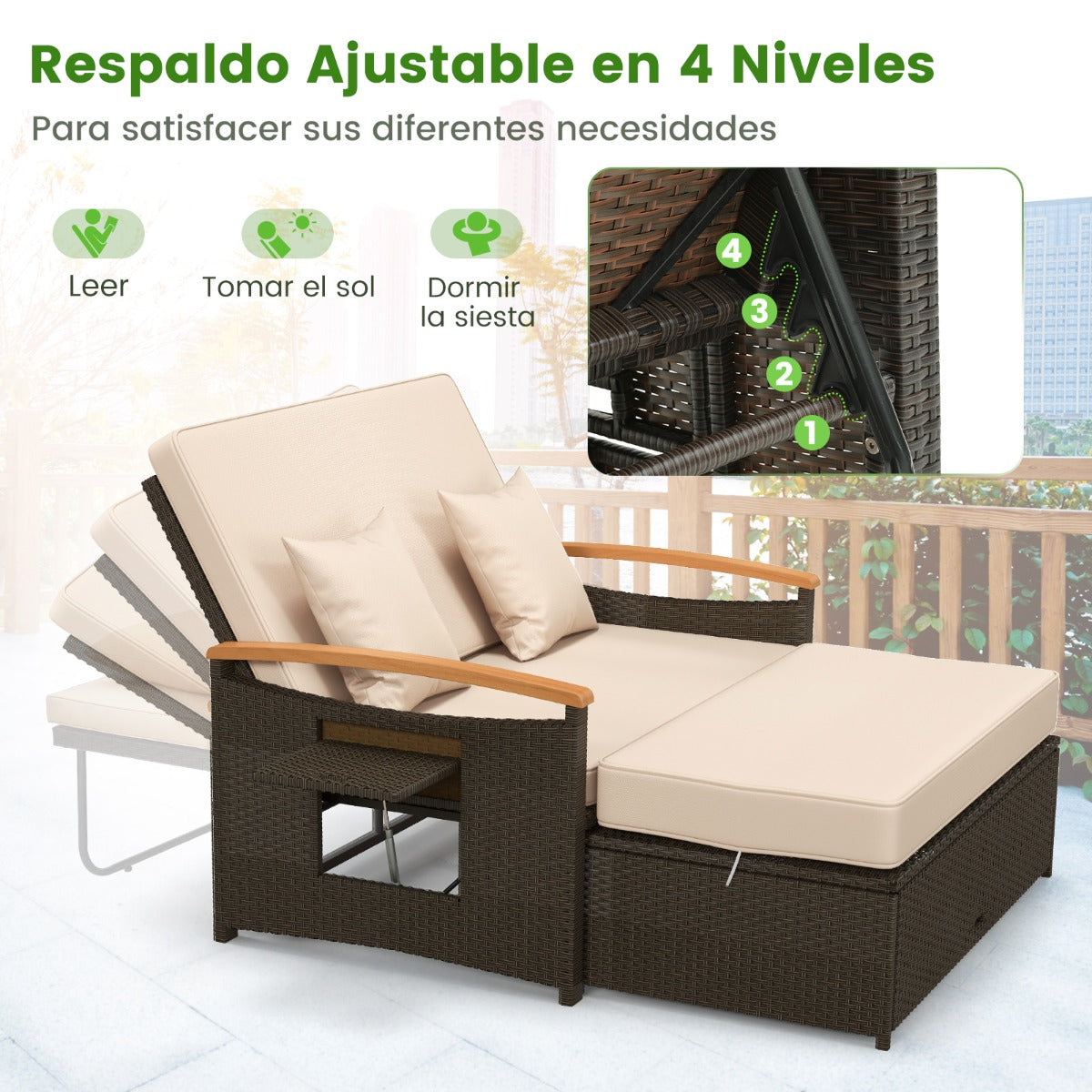 Sofá Cama de Exterior de Ratán con Reposapiés de Almacenamiento Respaldo Ajustable de 4 Niveles y Bandejas Laterales Retráctiles Beige