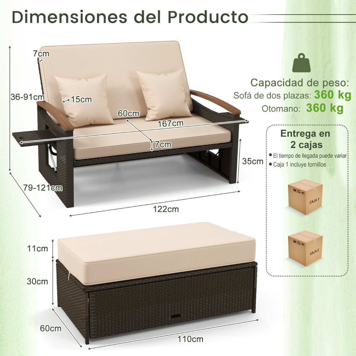 Sofá Cama de Exterior de Ratán con Reposapiés de Almacenamiento Respaldo Ajustable de 4 Niveles y Bandejas Laterales Retráctiles Beige