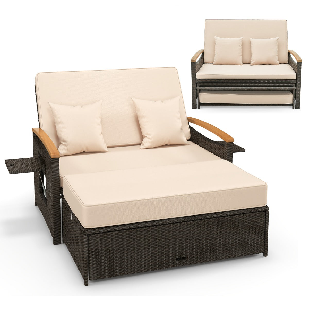 Sofá Cama de Exterior de Ratán con Reposapiés de Almacenamiento Respaldo Ajustable de 4 Niveles y Bandejas Laterales Retráctiles Beige