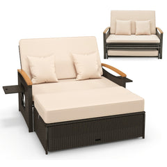 Sofá Cama de Exterior de Ratán con Reposapiés de Almacenamiento Respaldo Ajustable de 4 Niveles y Bandejas Laterales Retráctiles Beige
