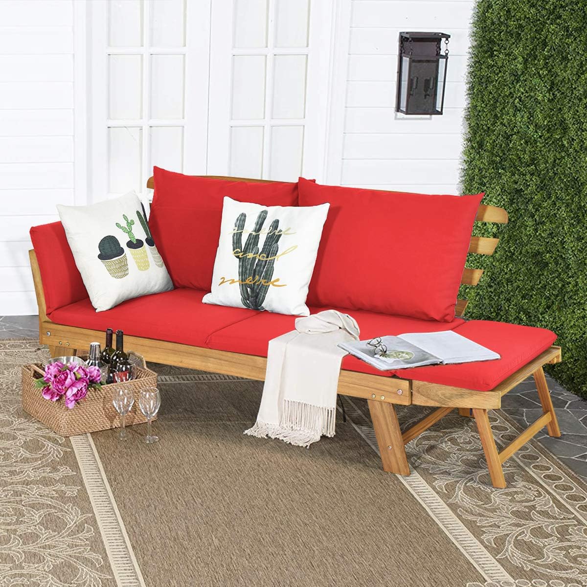 Sofá Cama Convertible de Patio Madera Acacia con Apoyabrazos Ajustable Cojines Almohadas 2 Plazas para Exterior 198 x 75 x 75 cm Rojo