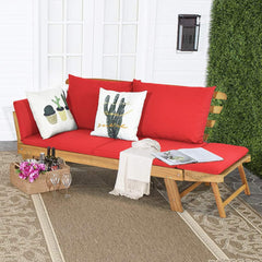 Sofá Cama Convertible de Patio Madera Acacia con Apoyabrazos Ajustable Cojines Almohadas 2 Plazas para Exterior 198 x 75 x 75 cm Rojo