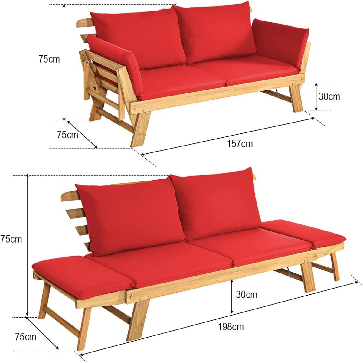 Sofá Cama Convertible de Patio Madera Acacia con Apoyabrazos Ajustable Cojines Almohadas 2 Plazas para Exterior 198 x 75 x 75 cm Rojo