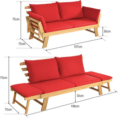 Sofá Cama Convertible de Patio Madera Acacia con Apoyabrazos Ajustable Cojines Almohadas 2 Plazas para Exterior 198 x 75 x 75 cm Rojo