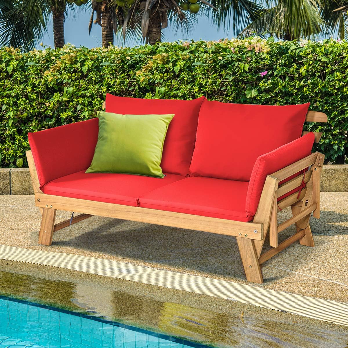 Sofá Cama Convertible de Patio Madera Acacia con Apoyabrazos Ajustable Cojines Almohadas 2 Plazas para Exterior 198 x 75 x 75 cm Rojo