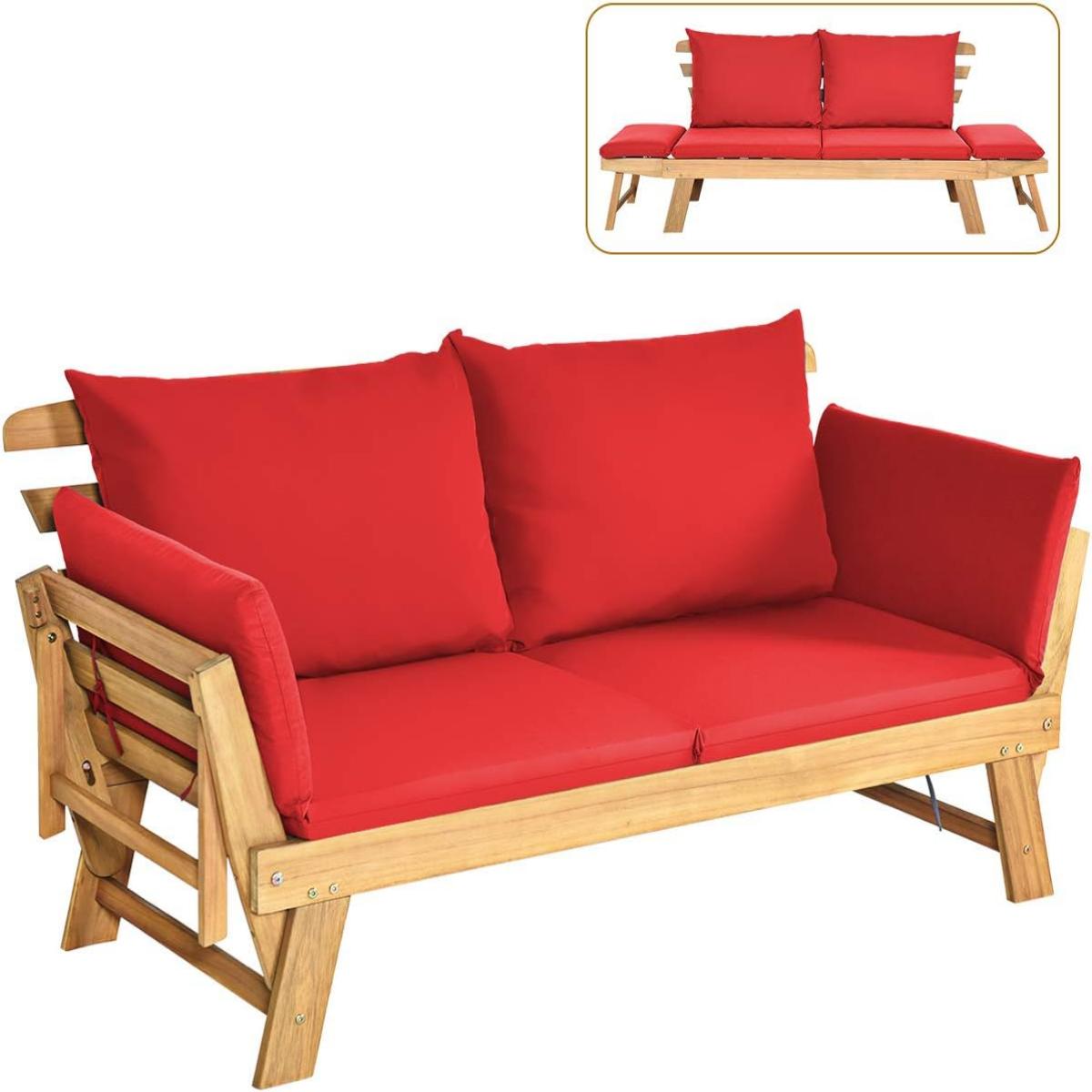 Sofá Cama Convertible de Patio Madera Acacia con Apoyabrazos Ajustable Cojines Almohadas 2 Plazas para Exterior 198 x 75 x 75 cm Rojo