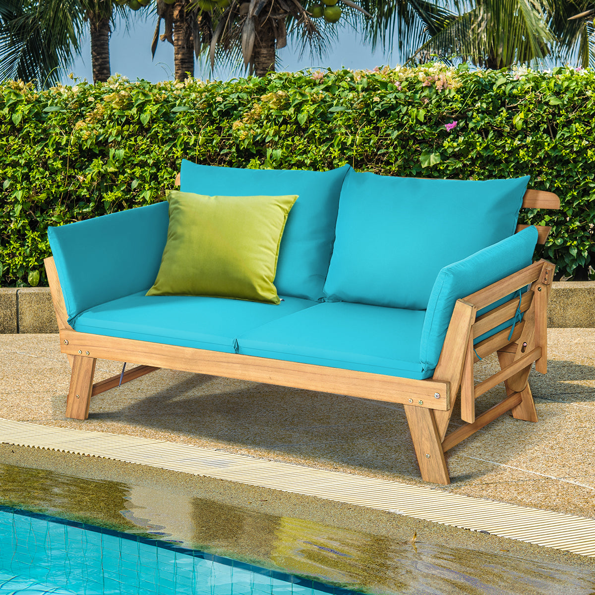 Sofá Cama Convertible de Patio Madera Acacia con Apoyabrazos Ajustable Cojines Almohadas 2 Plazas para Exterior 198 x 75 x 75 cm Turquesa