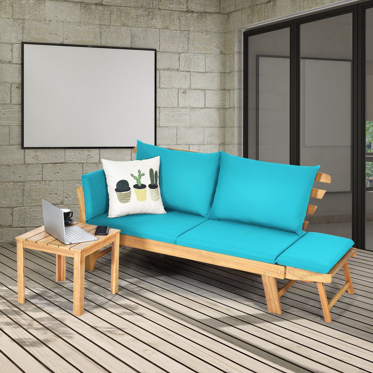 Sofá Cama Convertible de Patio Madera Acacia con Apoyabrazos Ajustable Cojines Almohadas 2 Plazas para Exterior 198 x 75 x 75 cm Turquesa